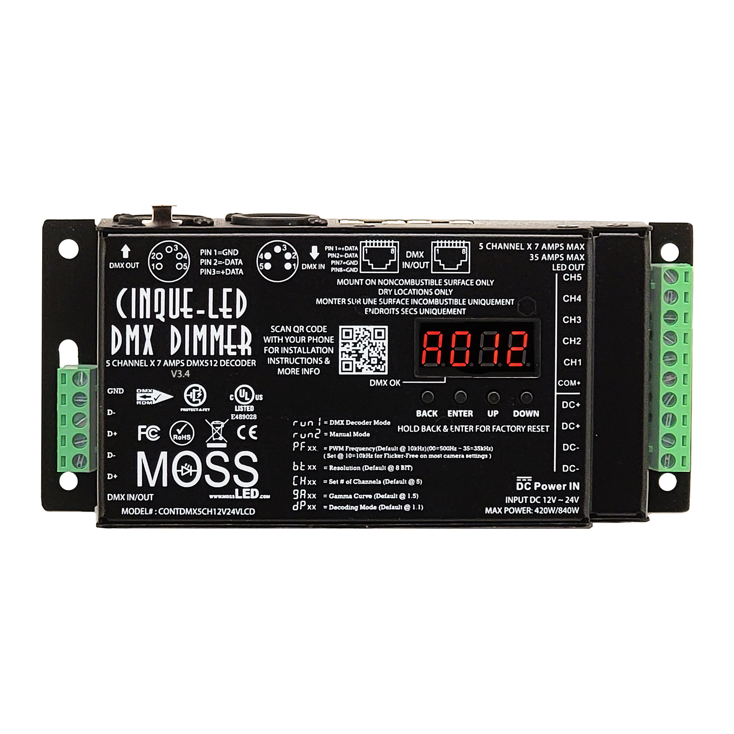 MossLED CONTDMX5CH12V24VLCD Cinque-LED DMX Dimmer