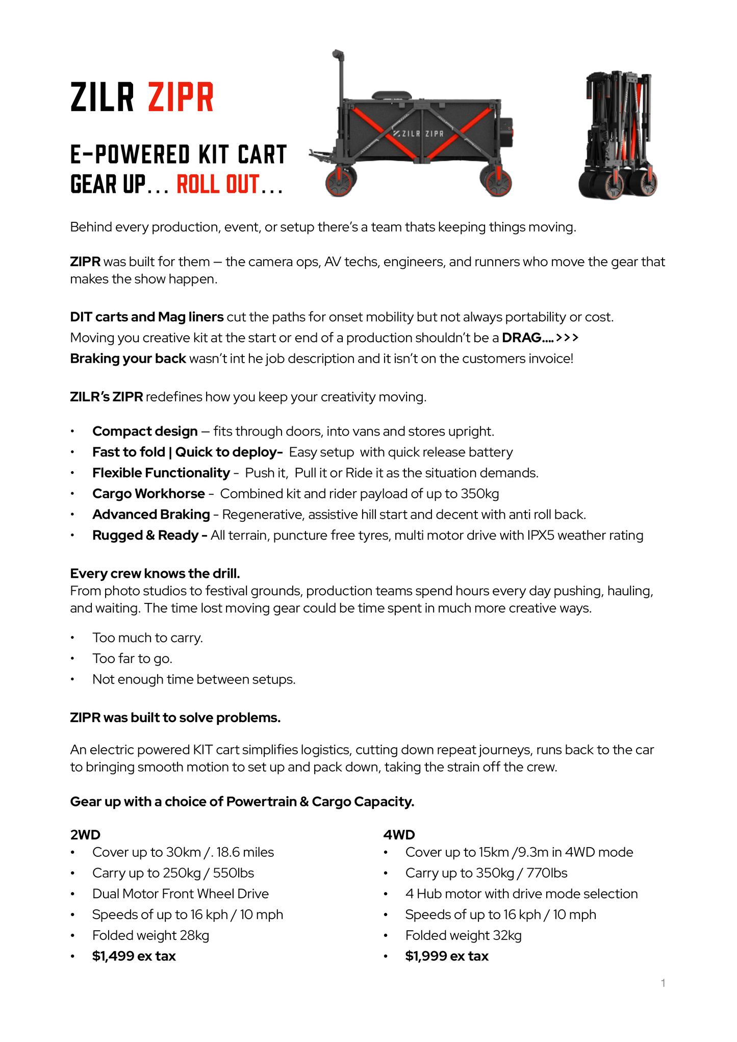 ZILR ZIPR 2WD Electric KIT Cart | Motorized Film Equipment Cart for Camera & Production Crews