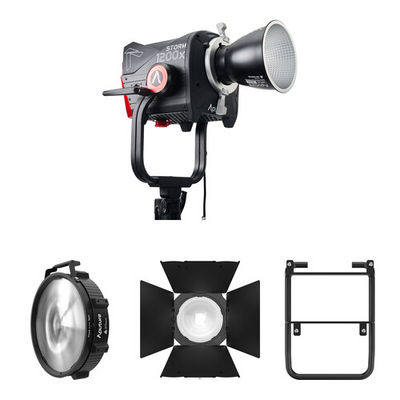 Aputure 1200x Cine Kit - AP20334CK5 - STORM 1200x Cine Kit with Skid Support, Fresnel, and Barndoors
