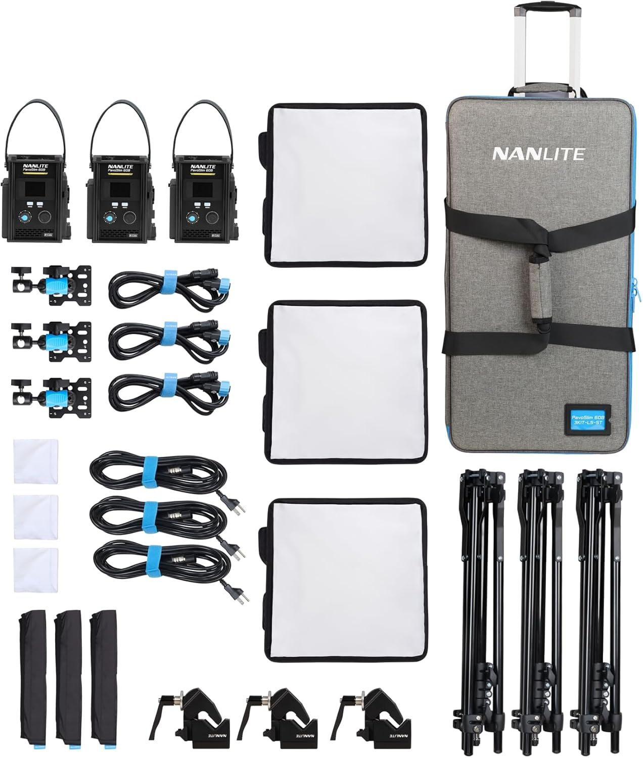 Nanlite PavoSlim 60B Bi-Color LED Panel 3-Light Kit with Light Stands, Pop-Up Softboxes, and Rolling Case