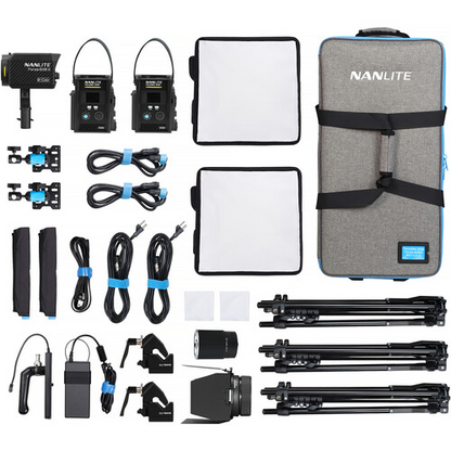 Nanlite PavoSlim 60B LED Panel 2-Light and Forza 60B II Kit with Light Stands, Pop-Up Softboxes, Fresnel, and Rolling Case