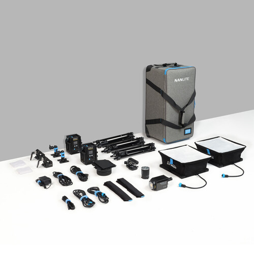Nanlite PavoSlim 60B LED Panel 2-Light and Forza 60B II Kit with Light Stands, Pop-Up Softboxes, Fresnel, and Rolling Case