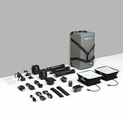 Nanlite PavoSlim 60B LED Panel 2-Light and Forza 60B II Kit with Light Stands, Pop-Up Softboxes, Fresnel, and Rolling Case